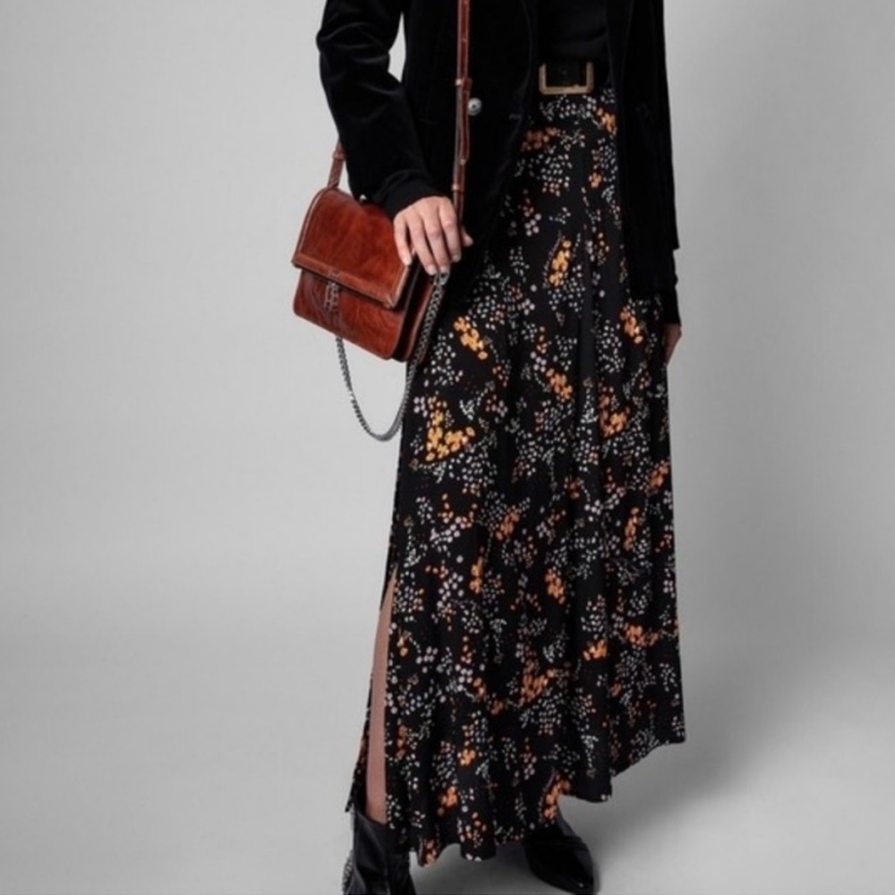 Zadig & Voltaire Judith Spark Flowers Ditsy Floral Logo Midi Skirt Slit Black XS
